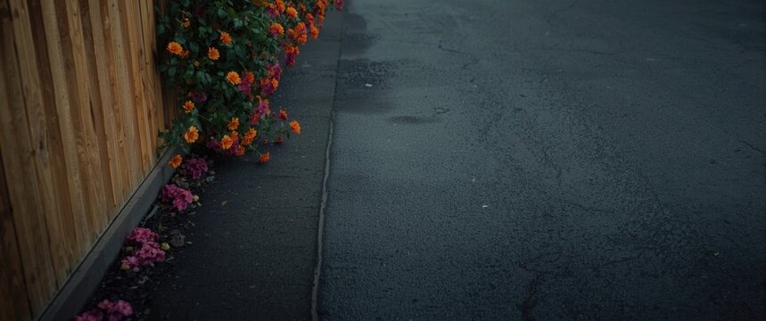 Bright flower covered wood paneling next to dark asphalt urban pavement