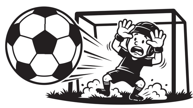 Scared Cartoon Goalkeeper Avoiding Giant Soccer Ball Funny Sports Illustration