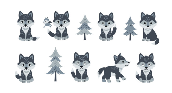 Grey wolf cartoon illustration pack.