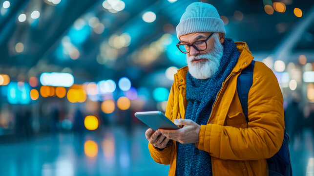 Elderly traveler with gray beard and glasses using tablet computer in busy airport or train station terminal with colorful bokeh lights in background.