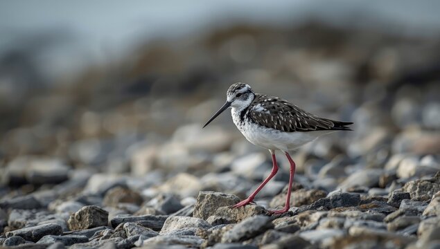 Bar tailed godwit bird of Norway standing on rocky shoreline