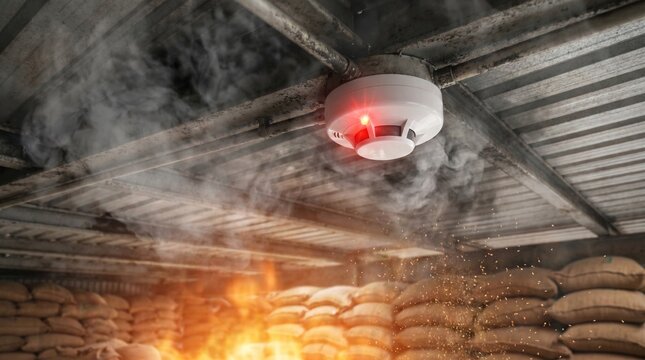 Detector de humo activado con luz roja intermitente en el techo de un almac&eacute;n durante un incendio peligroso. Sacos agr&iacute;colas ardiendo bajo un humo espeso