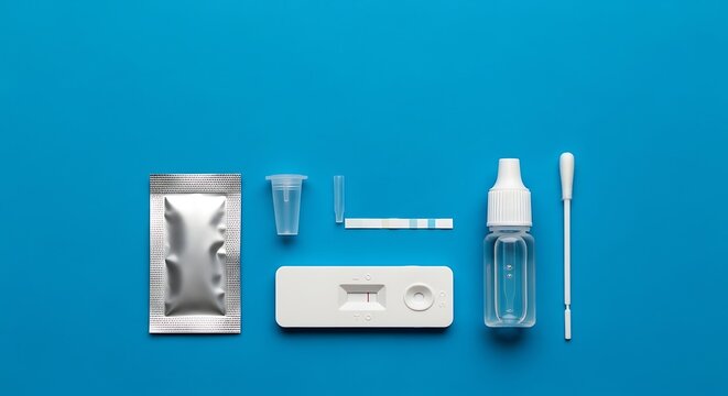 Rapid medical diagnostic test kit components on a blue background