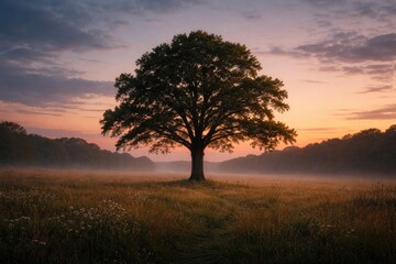 Fototapeta premium Solitary tall tree growing in a peaceful dusk meadow