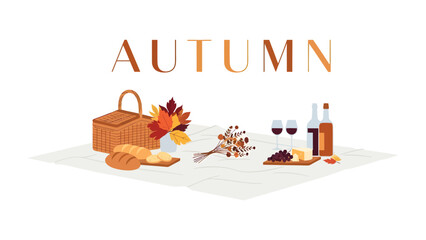 Fototapeta premium Autumn Picnic Delight: A charming picnic setup evokes the cozy essence of autumn with a woven basket, crusty bread, cheese, grapes, wine, and autumnal foliage.