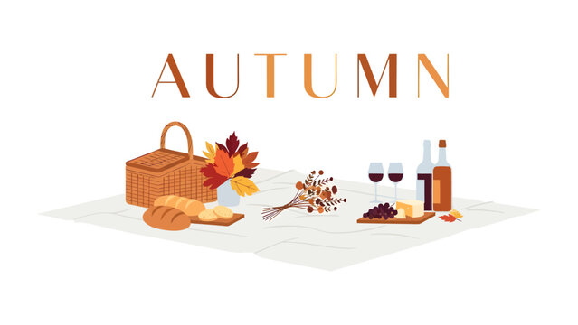 Autumn Picnic Delight: A charming picnic setup evokes the cozy essence of autumn with a woven basket, crusty bread, cheese, grapes, wine, and autumnal foliage.