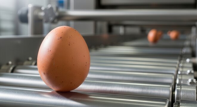Brown egg on a conveyor belt in a food processing plant.