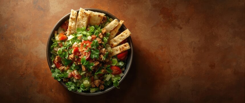 Aerial composition of vibrant Middle Eastern salad bowl containing fattoush and tabbouleh