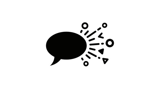 Speech bubble icon with exploding geometric shapes and decorative elements.