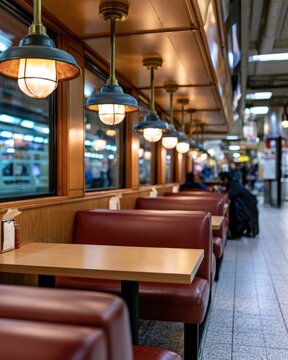Retro diner booths with warm hanging lights and wooden tables inside a vintage-style restaurant or cafe.