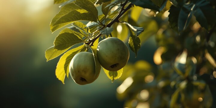 Apple kul boroi fruits hanging from a green leafy branch in soft focused garden light