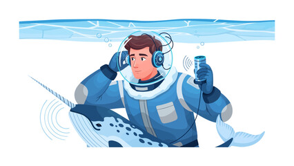 Underwater Communication: An astronaut in a helmet and suit communicates with a narwhal underwater using a device, while sound waves emanate from the whale. © Ajhar234