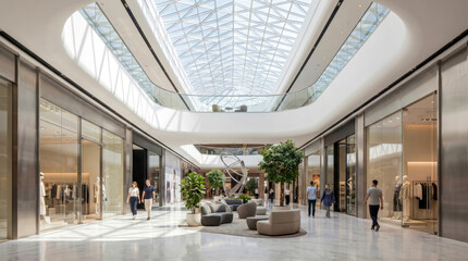 Vast and bright modern shopping mall interior with impressive vaulted glass skylight, minimalist architecture, luxurious retail storefronts, stylish seating, and people enjoying upscale commercial env © sommersby
