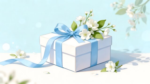 White gift box with blue ribbon and flowers