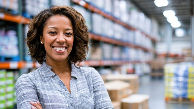 A confident woman smiling with arms crossed stands in a large, bright warehouse filled with stacked goods and shelves.