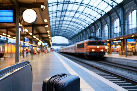 A modern train station with a curved glass roof, a clock on the wall, and luggage in the foreground as a red train arrives on the platform.