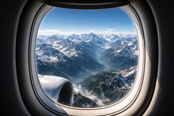 Naklejka premium Panoramic mountain range viewed through airplane window with crisp sky