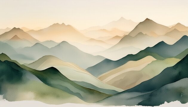 soft green and beige watercolor painting creates an abstract mountain landscape with gentle peaks and valleys blending seamlessly from light to dark tones
