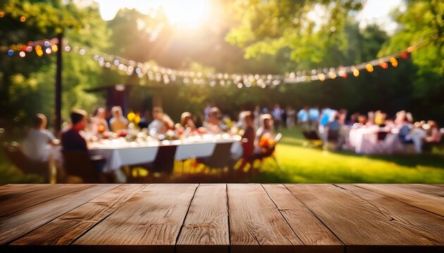 empty wooden table in summer background with the blurred green garden and party in the background