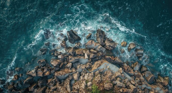 Aerial panoramic view of a rocky coastline with crashing waves