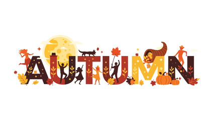 Fototapeta premium Autumn Celebration Typography: Vibrant letters spell out Autumn adorned with festive fall imagery, including dancing figures, pumpkins, a full moon, and a cornucopia.