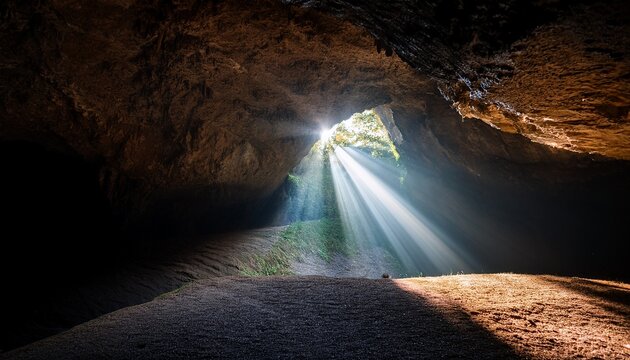 sunlight rays piercing through cave hole illuminating darkness creating atmospheric natural light beam