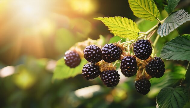 blackberries growing on berry plant with green leaves in natural light