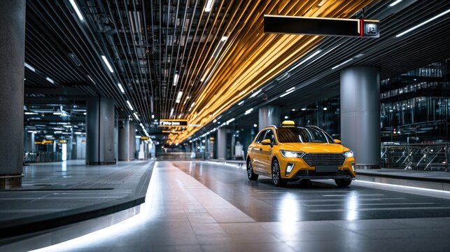 A yellow taxi stands in a modern, well-lit underground parking or transit area with sleek architectural elements and illuminated ceiling lines.