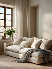 Fototapeta premium Cozy Scandinavian living room with neutral linen sofa and flowers