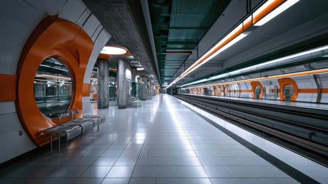 A modern, empty subway station with circular orange accents, polished tiled floors, and symmetrical architectural design under bright lighting.