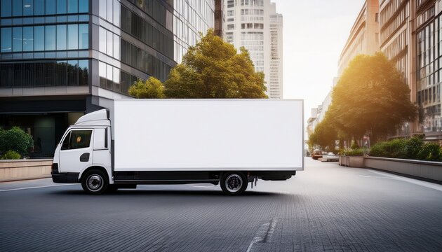 empty blank white mockup on the small truck vehicle driving through the city street