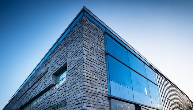 modern building corner with textured stone facade and reflective blue glass windows