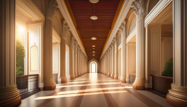 a long sunlit corridor in a classical building it appears to be an entrance or passageway within a courthouse