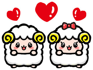 Fototapeta premium 可愛いヒツジのカップルの落書き風イラスト素材