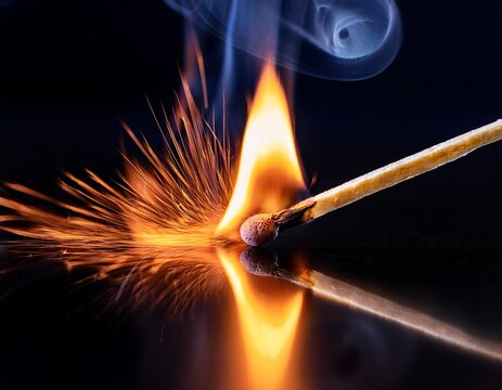 close up of a burning match striking orange sparks flying as the head ignites reflected on a dark surface concept macro shot of a burning match orange sparks flying head ignites with glow