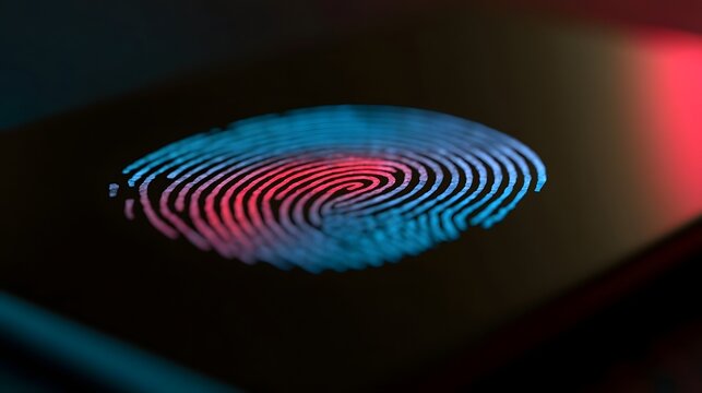 Abstract neon light visualization of a digital fingerprint scanning process emphasizing a futuristic and sophisticated technology theme