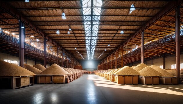a large warehouse is filled with various types of grains and seeds likely for processing or distribution