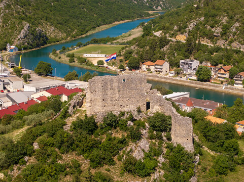 Aerial View of Obrovac Town on the Zrmanja River, Croatia