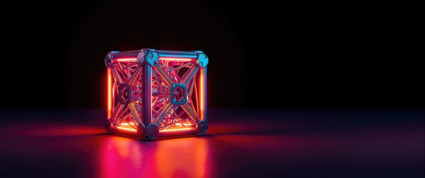 Abstract background with neon laser cube created by machine learning algorithms