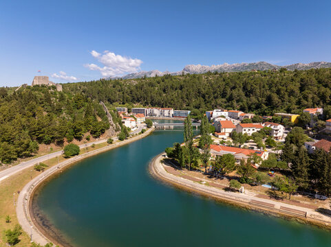 Aerial View of Obrovac Town on the Zrmanja River, Croatia