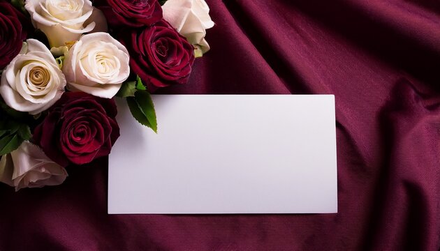 blank white card placed on luxurious burgundy fabric with a bouquet of roses