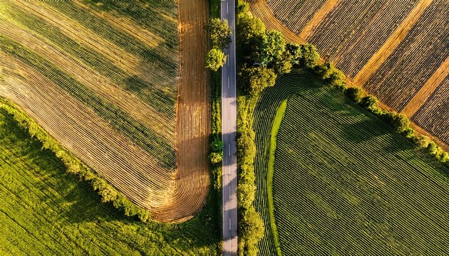 countryside road between farmland fields aerial drone top down view