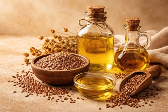 Natural flaxseed and clear vegetable oil set on a warm beige textured backdrop