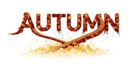 Autumn Leaves Graphic: The word AUTUMN intricately crafted from falling leaves, curves into a heart shape around a stylized tree trunk, evoking the essence of the fall season. © abidakhatun