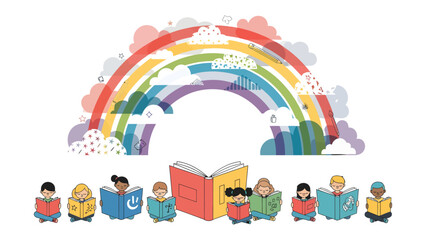 A Spectrum of Stories: Children engrossed in the magic of reading, surrounded by colorful books and a whimsical rainbow, inviting imaginations to soar © mstmahmuda