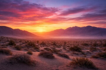 Obraz premium Serene desert panorama at dawn with colorful sunrise over mountains