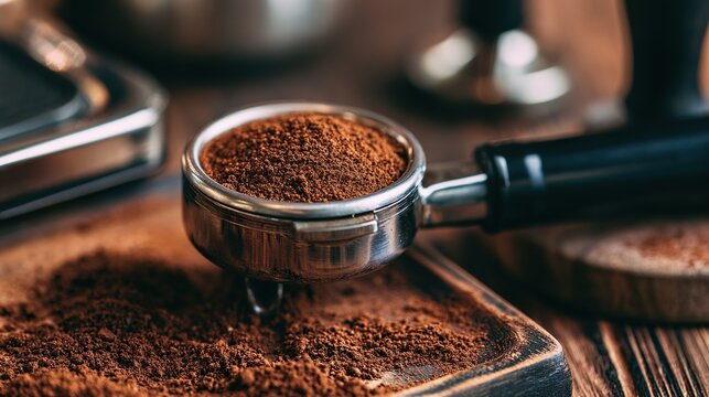 Fresh coffee grounds in portafilter on wooden tamping station