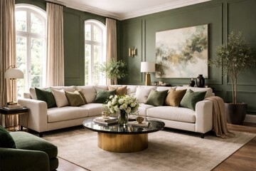 Fototapeta premium Chic living room interior showcasing green walls and complementary furnishings