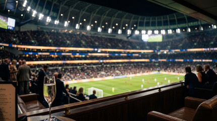 Naklejka premium Spectacular aerial view of a vibrant football stadium filled with cheering fans during a thrilling match, showcasing the electric atmosphere and immense scale of the venue
