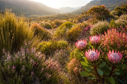 Native plants restios ericas and proteas thriving in biodiverse fynbos biome with copy space